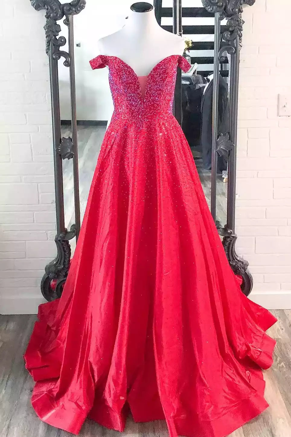Regal Scarlet Off-the-Shoulder Ballgown with Crystal Detailing & Flowing Train