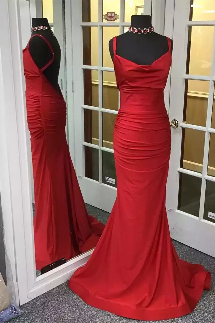 Regal Scarlet Ruched Mermaid Gown with Open Back & Draped Neckline