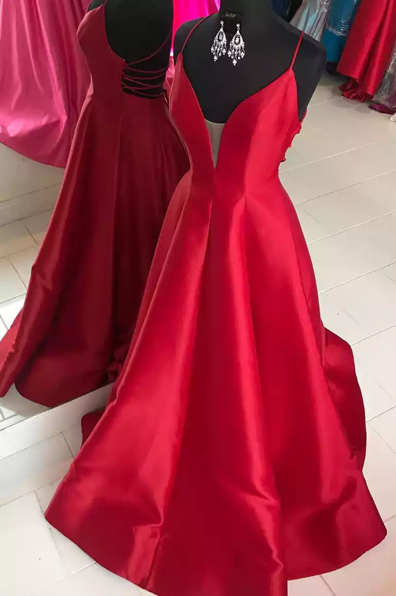 Regal Scarlet Satin Ballgown with Deep V-Neckline & Crisscross Back