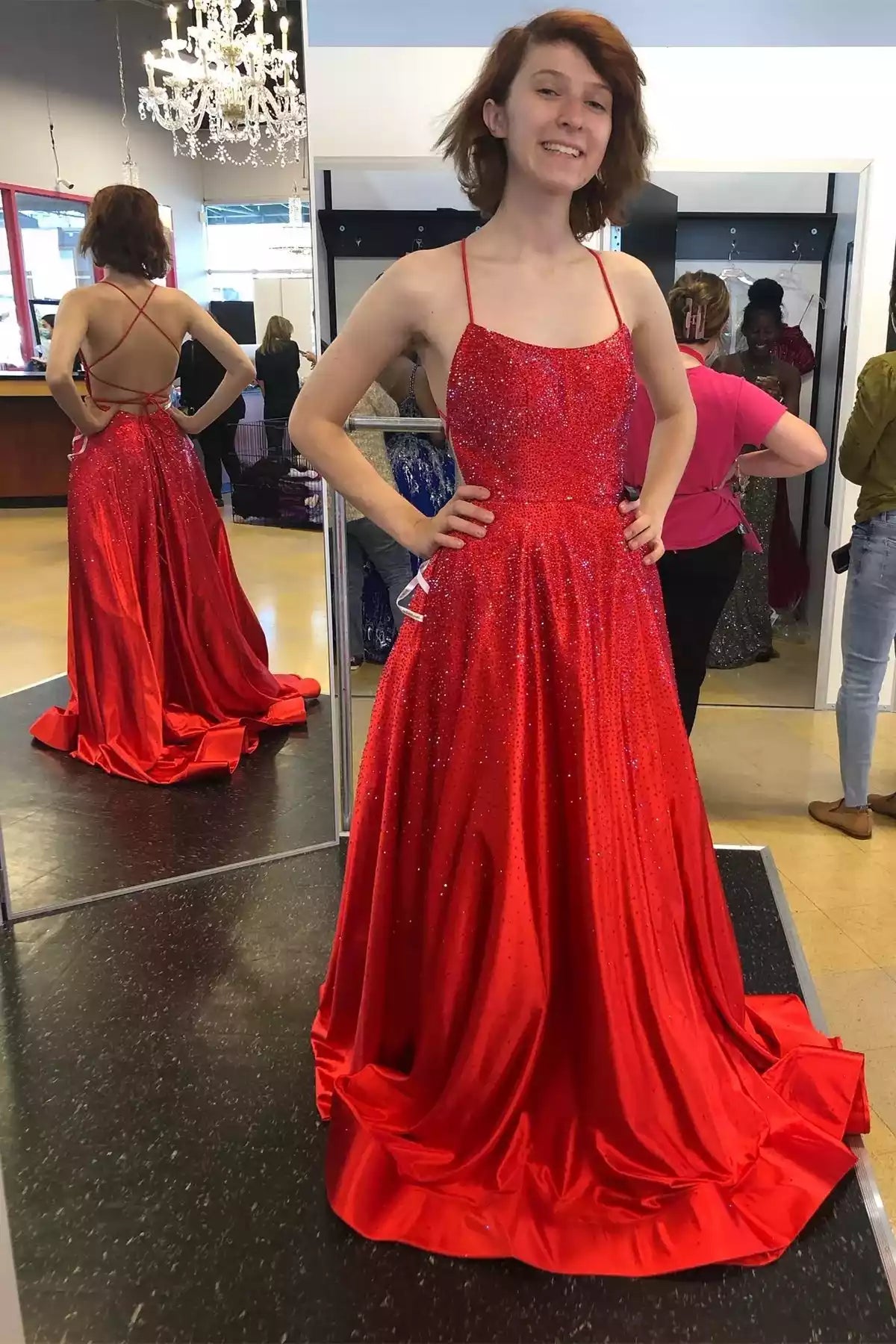 Regal Scarlet Sequin Ballgown with Crisscross Back & Square Neckline