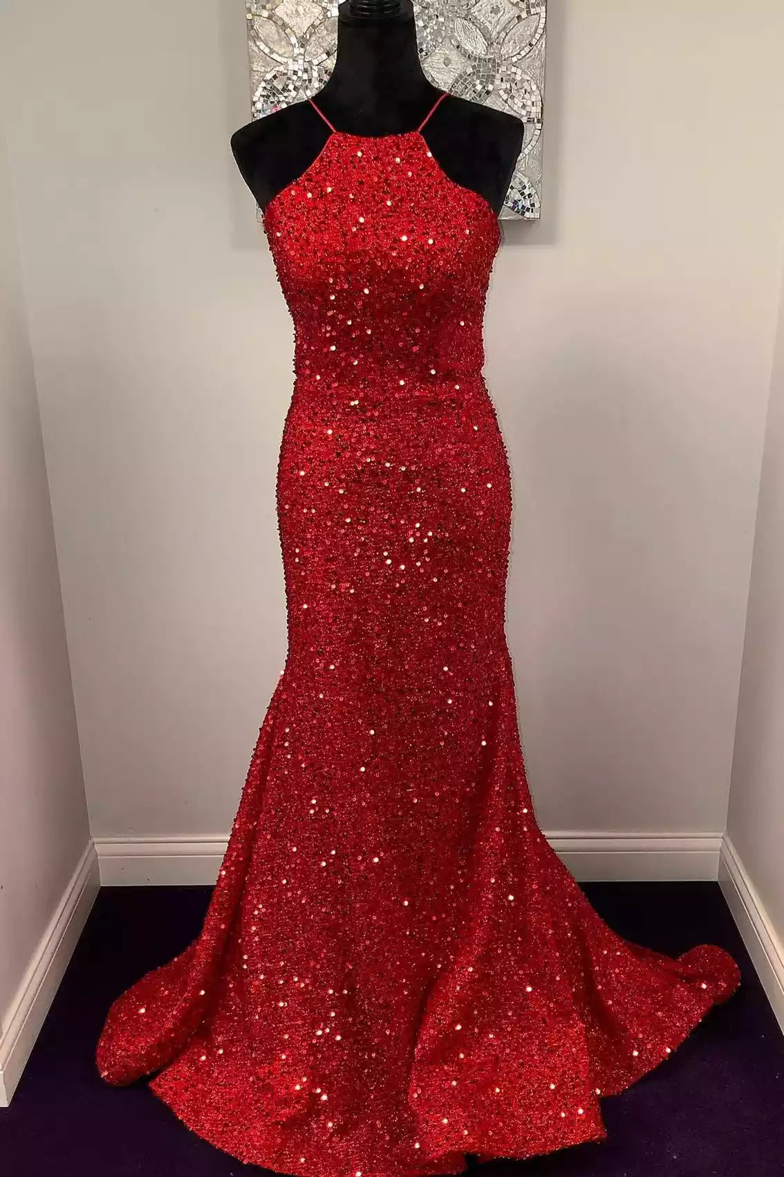 Regal Scarlet Sequin Halter Mermaid Gown with Crisscross Back