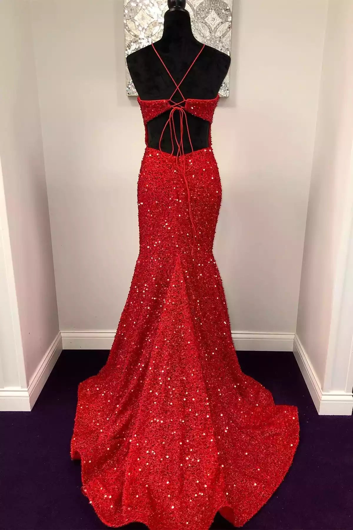 Regal Scarlet Sequin Halter Mermaid Gown with Crisscross Back