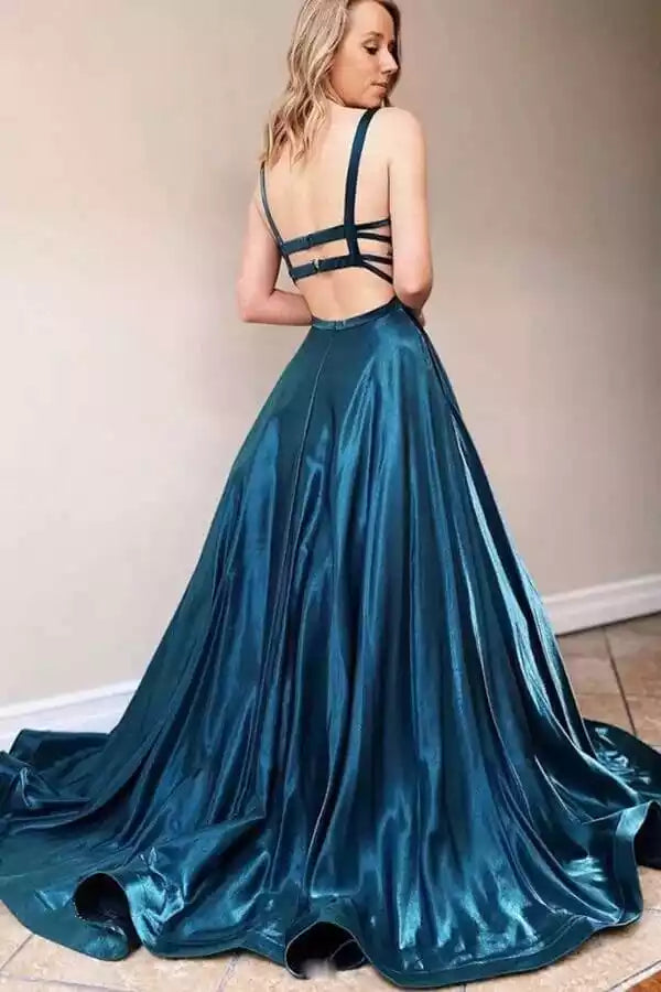 Regal Teal Satin Gown with Cutout Back & Ballgown Silhouette