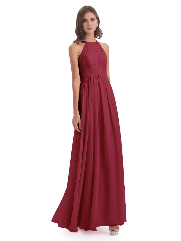 Retract Your Waist Halter Open Back Chiffon Long Bridesmaid Dresses