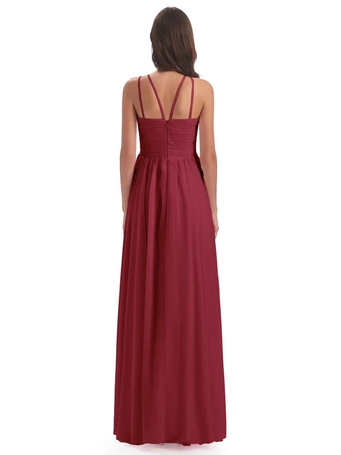 Retract Your Waist Halter Open Back Chiffon Long Bridesmaid Dresses