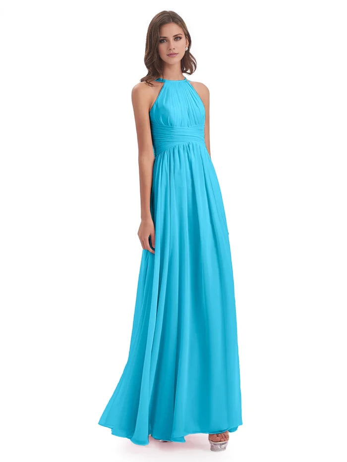 Retract Your Waist Halter Open Back Chiffon Long Bridesmaid Dresses