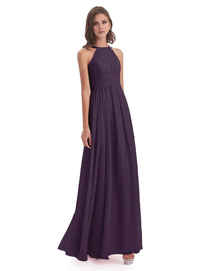 Retract Your Waist Halter Open Back Chiffon Long Bridesmaid Dresses