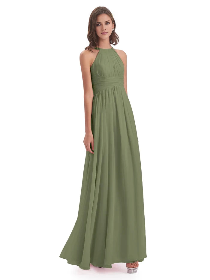 Retract Your Waist Halter Open Back Chiffon Long Bridesmaid Dresses