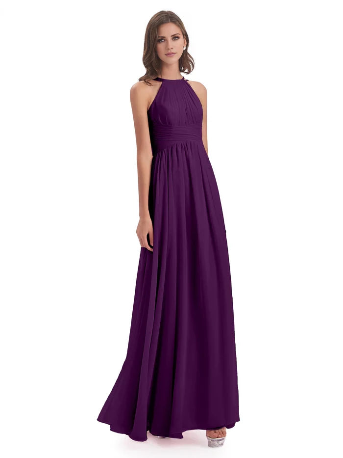 Retract Your Waist Halter Open Back Chiffon Long Bridesmaid Dresses