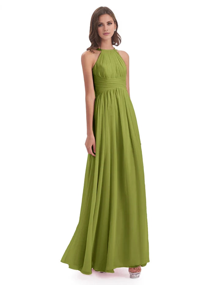 Retract Your Waist Halter Open Back Chiffon Long Bridesmaid Dresses