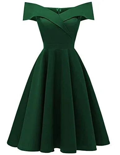 Retro A-Line Off-the-Shoulder Crossover Emerald Green Midi Prom Dresses