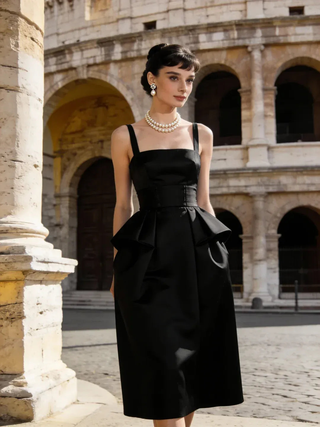 Retro A-Line Square-Neck Wide-Strap Peplum Midi Prom Dresses