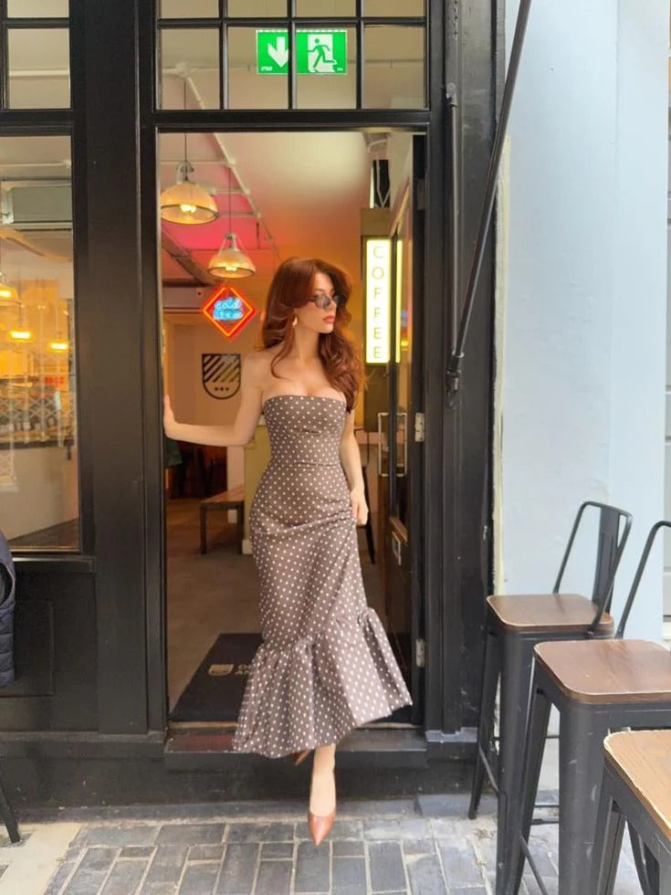 Retro Strapless Sweetheart Ruffled Hem Taupe Polka Dot Midi Dress