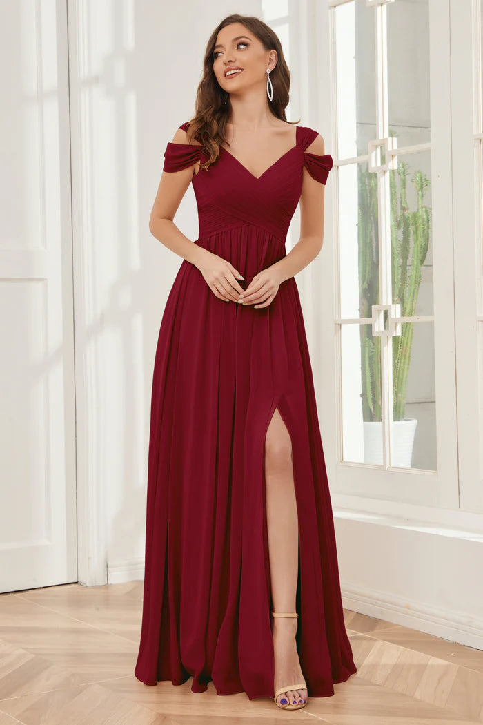 Rich A-Line Deep V-Neck Cold-Shoulder Open-Back Burgundy Chiffon Floor-Length Bridesmaid Dresses