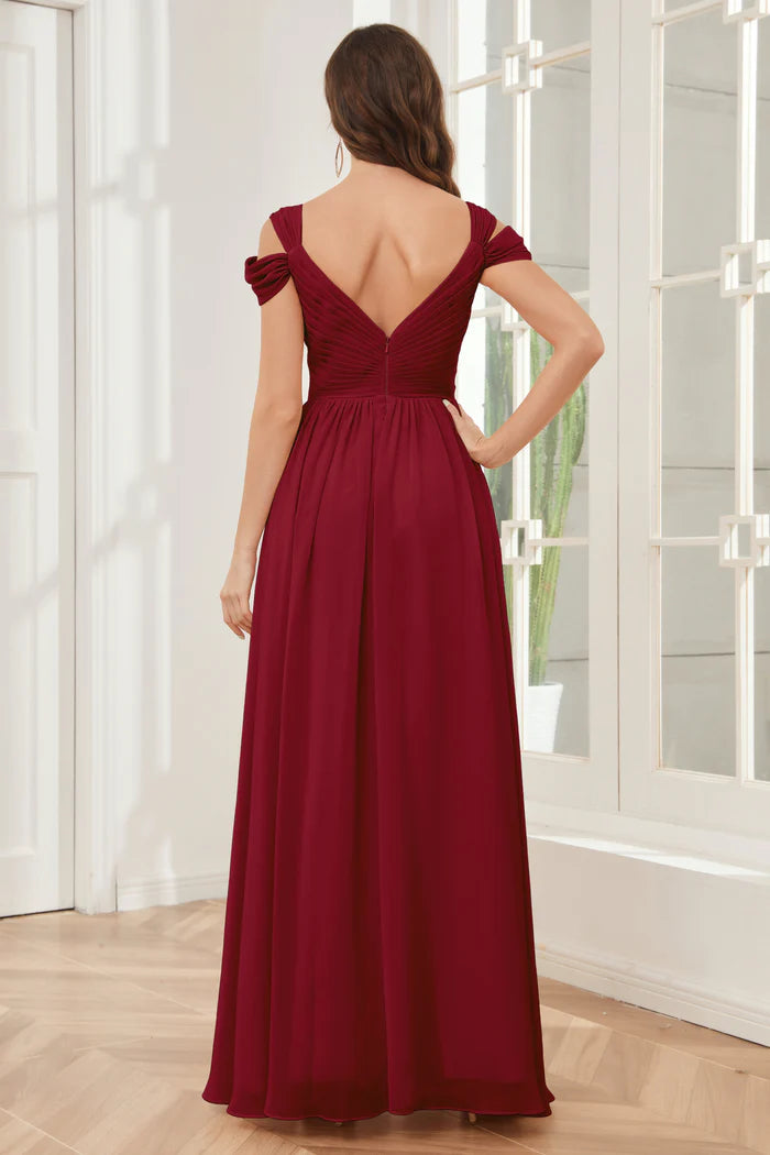 Rich A-Line Deep V-Neck Cold-Shoulder Open-Back Burgundy Chiffon Floor-Length Bridesmaid Dresses