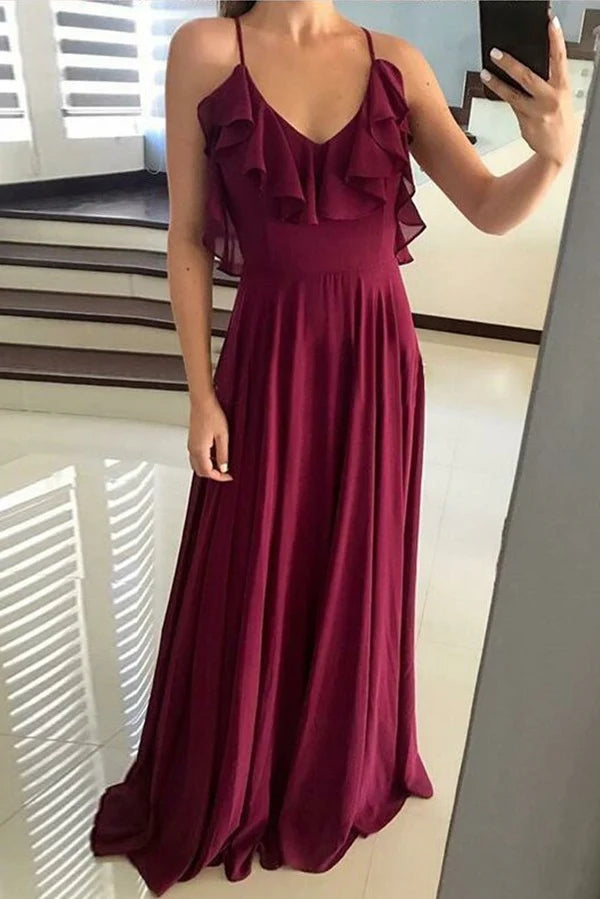 Rich A-Line Deep V-Neck Ruffle-Sleeve Open-Back Burgundy Chiffon Train-Floor-Length Bridesmaid Dresses