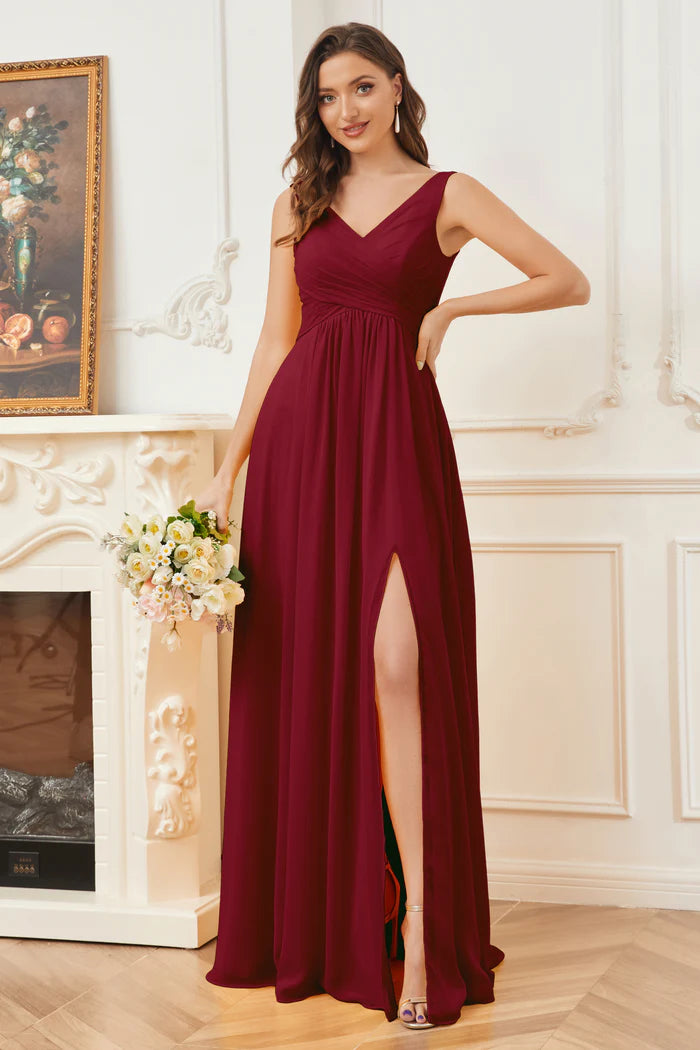 Rich A-Line Deep V-Neck Sleeveless Open-Back Burgundy Chiffon Floor-Length Bridesmaid Dresses