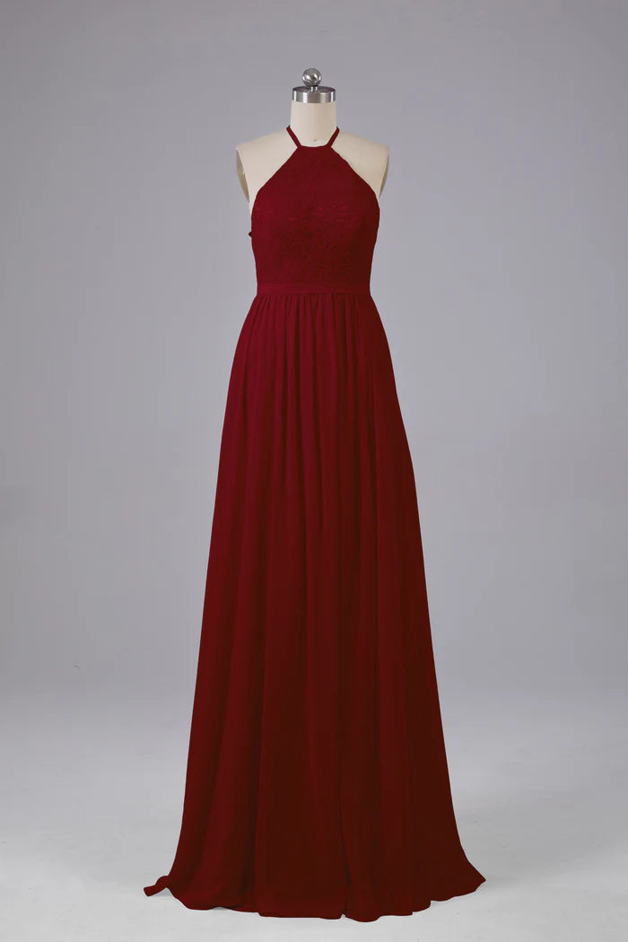 Rich A-Line Halter-Neck Lace Plunge-Back Floor-Length Bridesmaid Dresses
