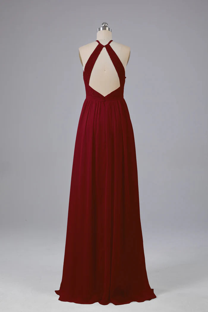 Rich A-Line Halter-Neck Lace Plunge-Back Floor-Length Bridesmaid Dresses