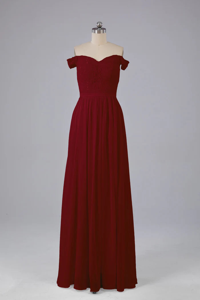 Rich A-Line Off-Shoulder Lace V-Back Floor-Length Bridesmaid Dresses