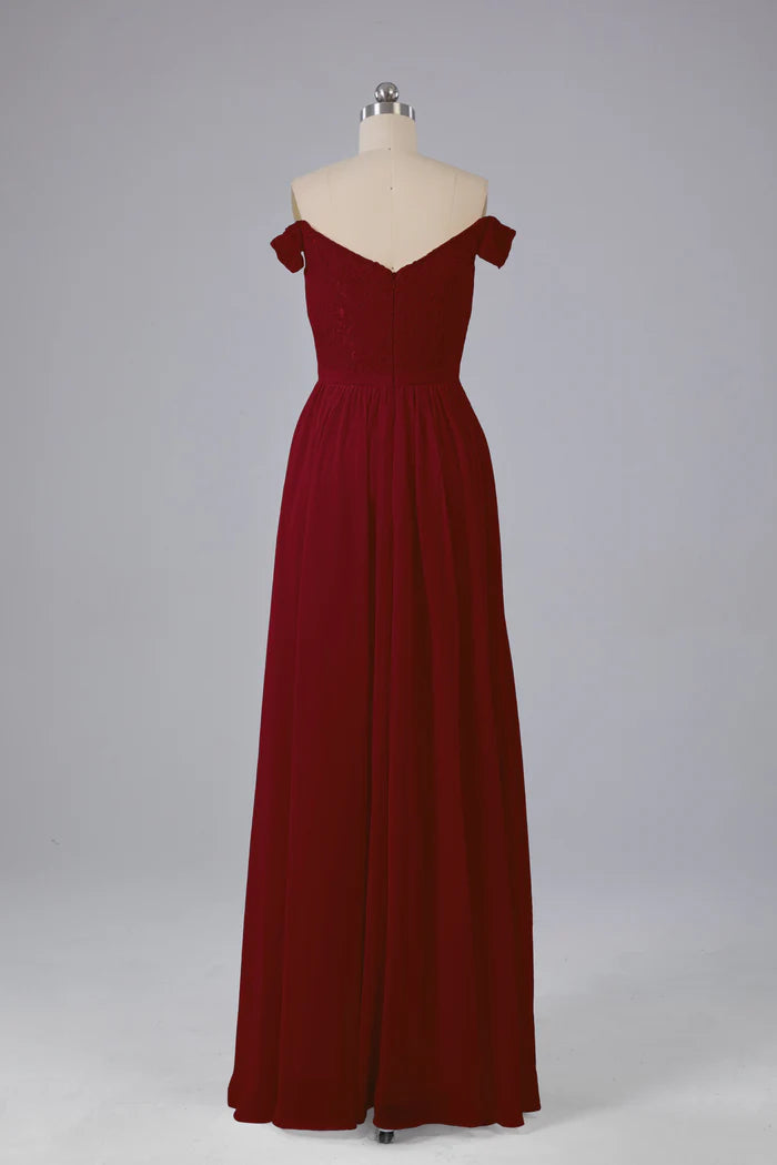 Rich A-Line Off-Shoulder Lace V-Back Floor-Length Bridesmaid Dresses