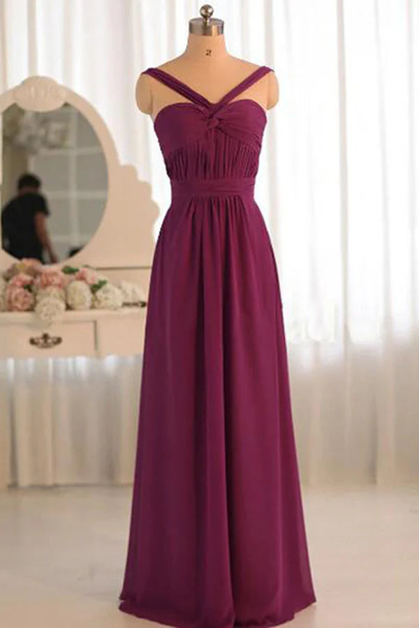 Rich A-Line Sweetheart Crisscross-Strap Open-Back Plum Chiffon Floor-Length Bridesmaid Dresses