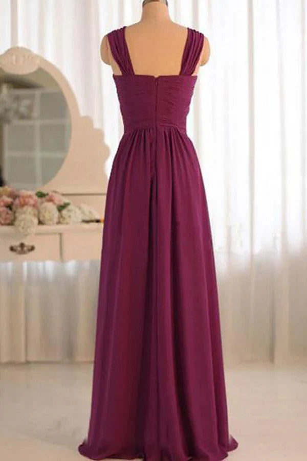 Rich A-Line Sweetheart Crisscross-Strap Open-Back Plum Chiffon Floor-Length Bridesmaid Dresses