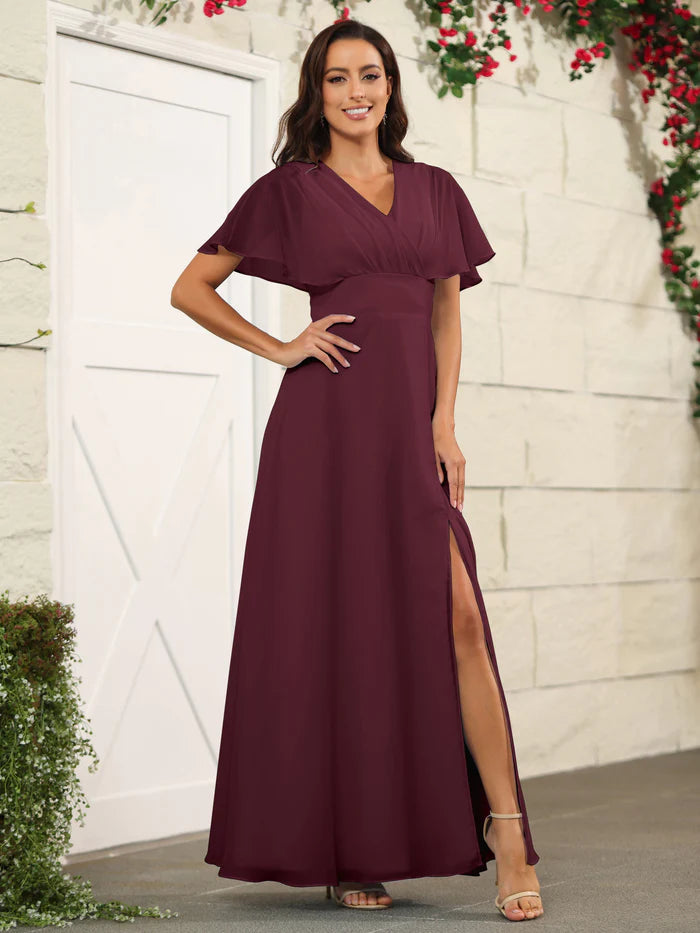 Rich A-Line V-Neck Flutter-Sleeve Ruched-Back High-Slit Floor-Length Bridesmaid Dresses