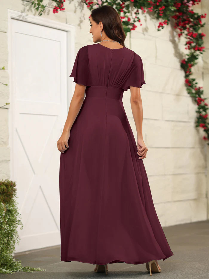 Rich A-Line V-Neck Flutter-Sleeve Ruched-Back High-Slit Floor-Length Bridesmaid Dresses