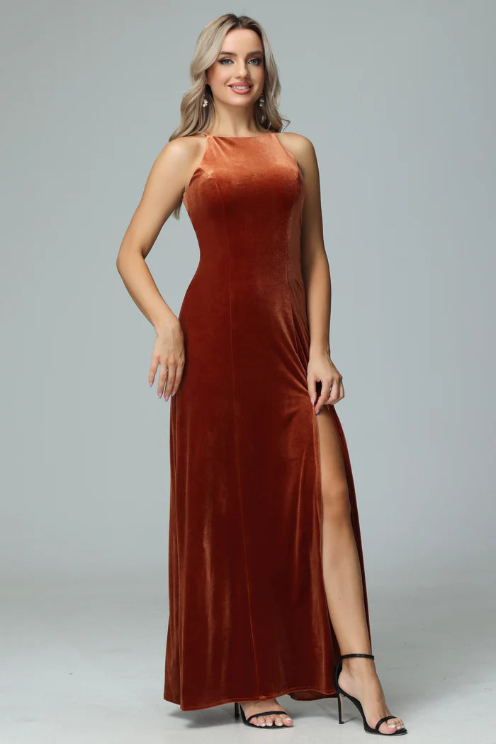 Rich Mermaid Halter-Neck Pearl-Button Cut-Out-Back Velvet Floor-Length Bridesmaid Dresses
