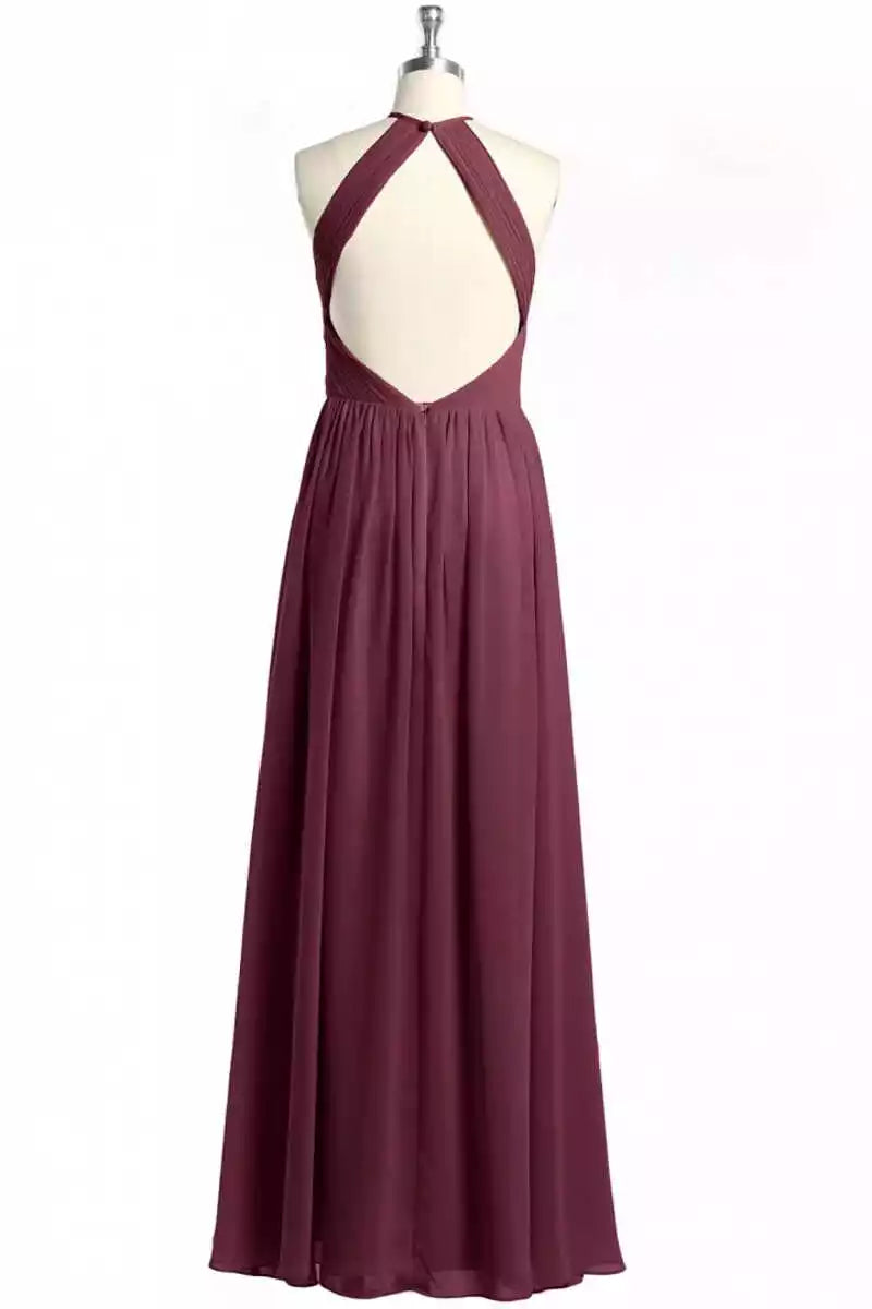 Rich Burgundy Chiffon Gown with Halter Neck & Open Back