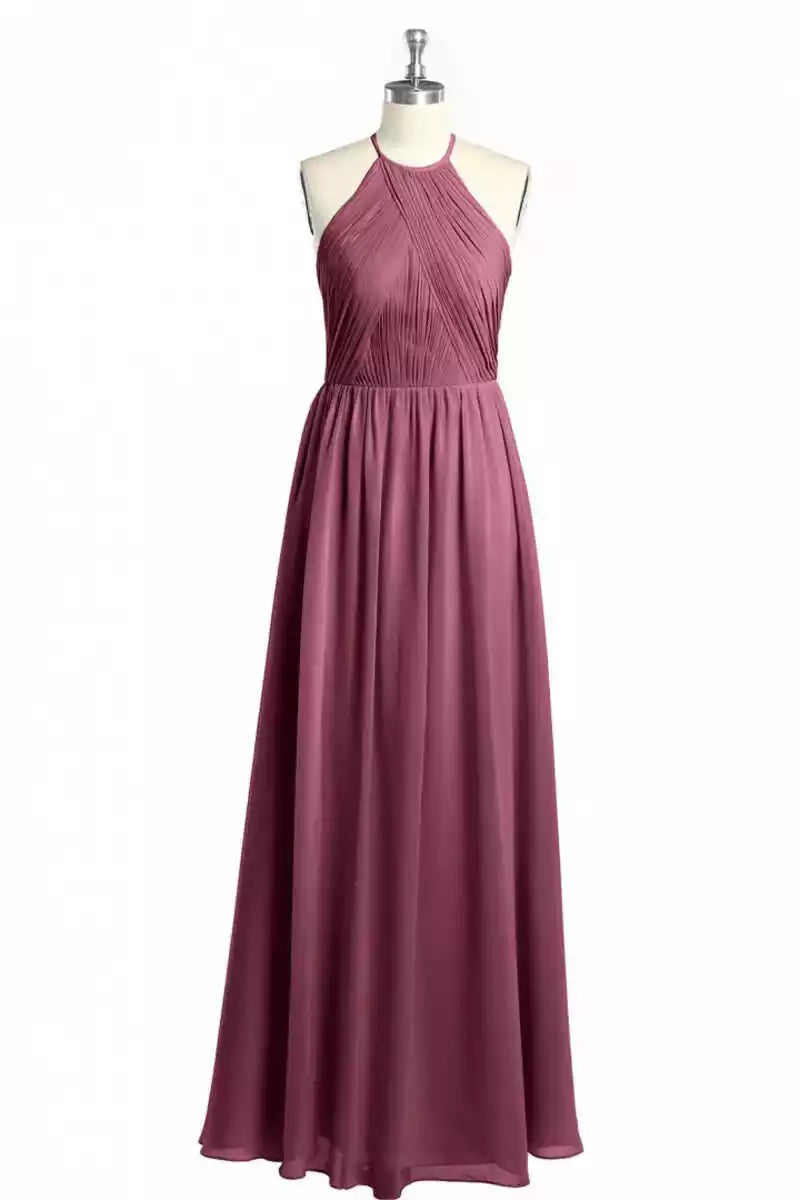 Rich Burgundy Chiffon Gown with Halter Neck & Open Back