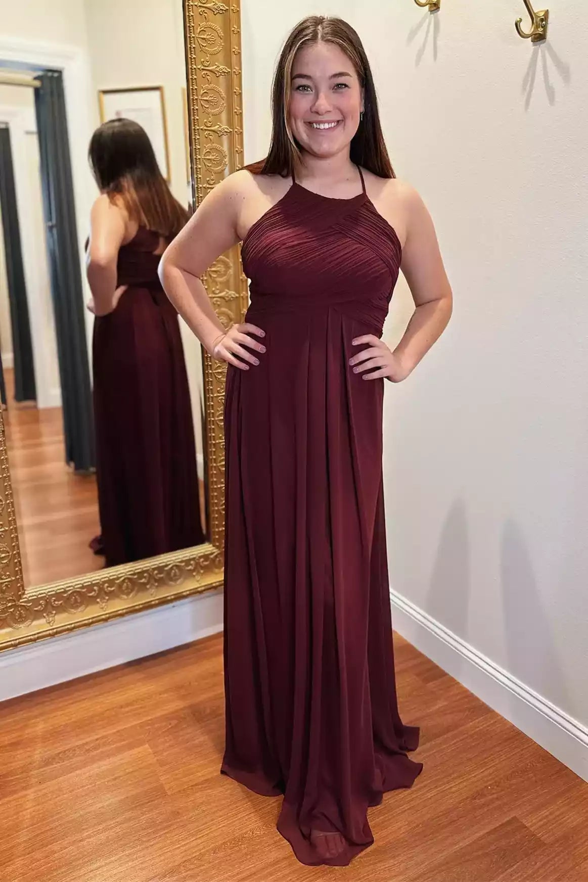 Rich Burgundy Chiffon Gown with Halter Neck & Ruched Bodice