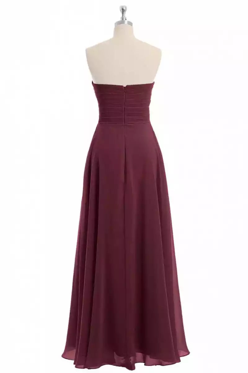 Rich Burgundy Chiffon Gown with Strapless Sweetheart & Ruched Bodice