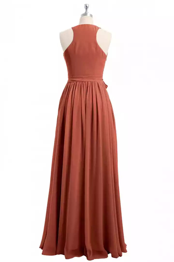 Rich Terracotta Chiffon Gown with Halter V-Neck & Wrap Tie Waist