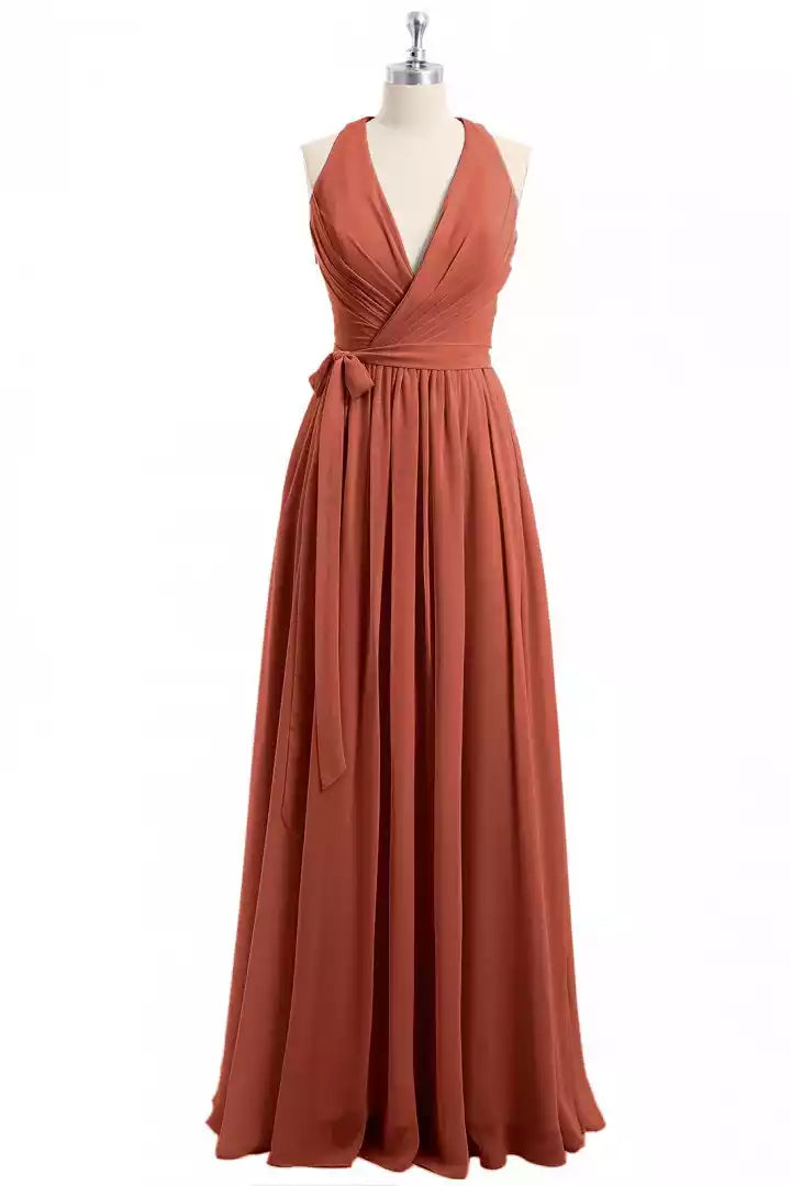 Rich Terracotta Chiffon Gown with Halter V-Neck & Wrap Tie Waist