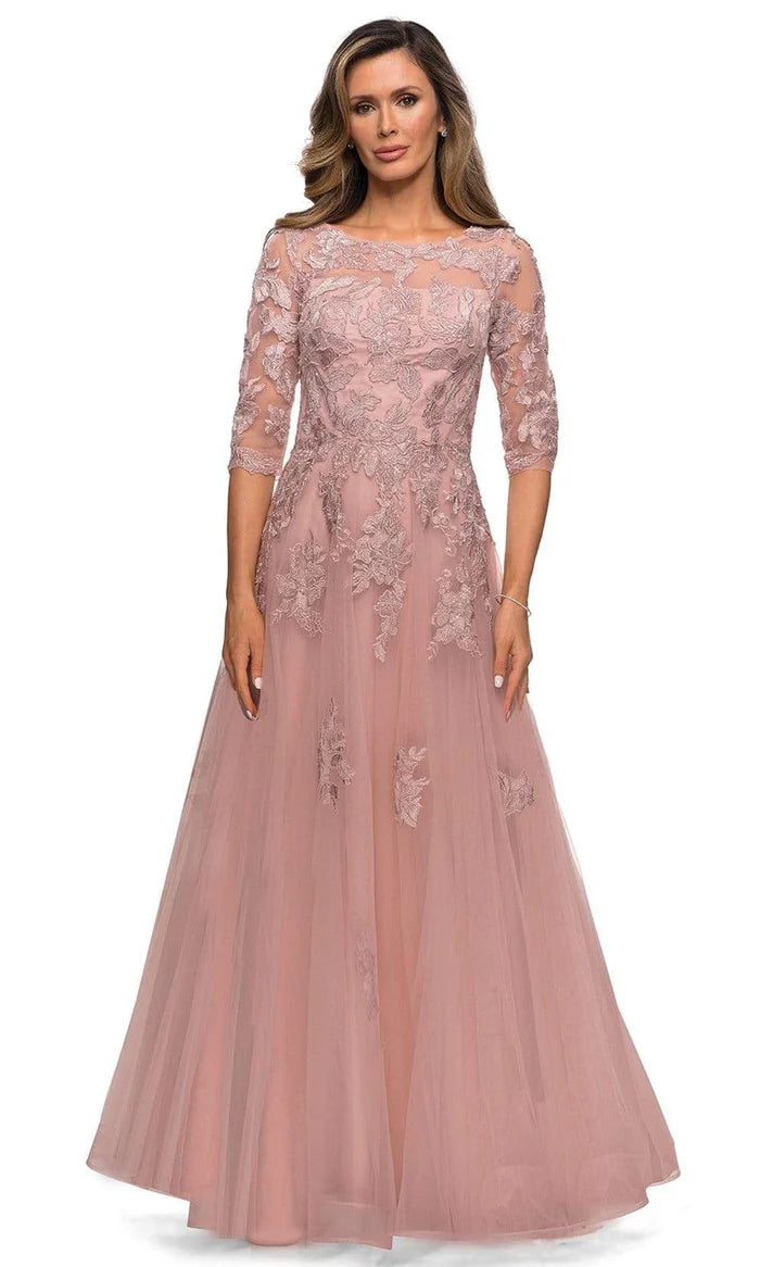 Romantic A-Line Boat-Neck Three-Quarter-Sleeve Sheer-Back Blush Lace-Tulle Floor-Length Mother of the Bride Dresses