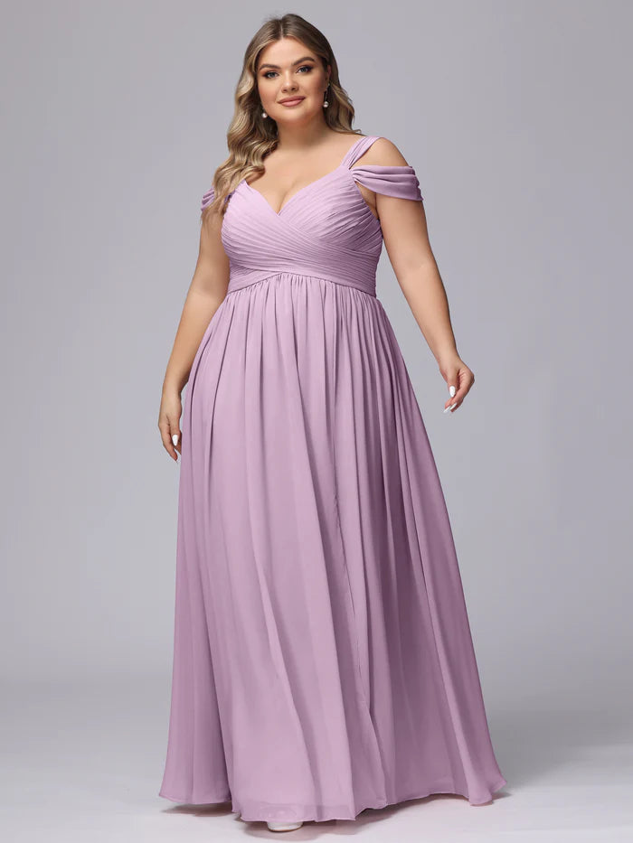 Plus Size Romantic A-Line Deep V-Neck Cold-Shoulder Ruffled-Sleeve Deep-V-Back Dusty Lavender Chiffon Floor-Length Bridesmaid Dresses