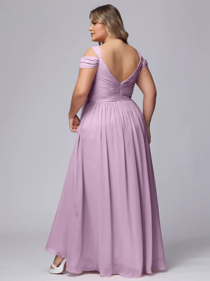 Plus Size Romantic A-Line Deep V-Neck Cold-Shoulder Ruffled-Sleeve Deep-V-Back Dusty Lavender Chiffon Floor-Length Bridesmaid Dresses