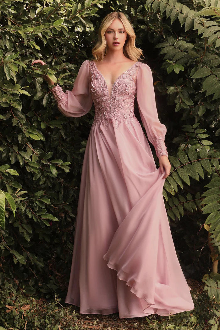 Romantic A-Line Deep-V-Neck Puff-Sleeve Open-Back Blush Embroidered-Chiffon Floor-Length Mother of the Bride Dresses