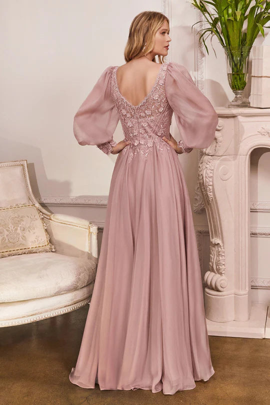 Romantic A-Line Deep-V-Neck Puff-Sleeve Open-Back Blush Embroidered-Chiffon Floor-Length Mother of the Bride Dresses