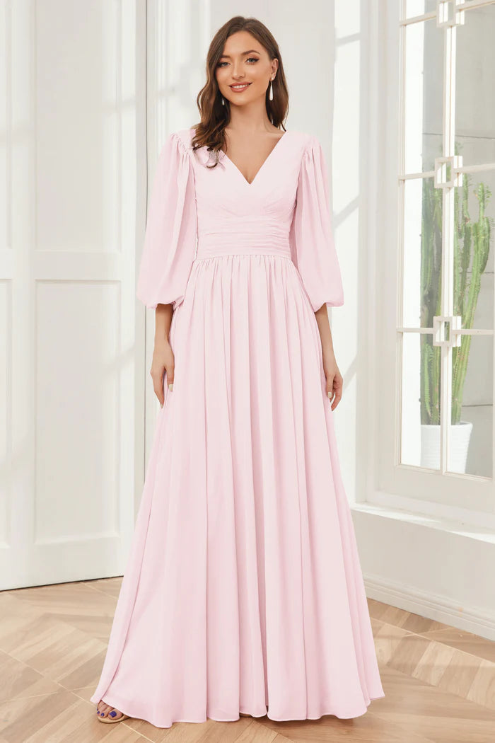 Romantic A-Line Deep V-Neck Puff-Sleeve Tie-Back Blush Chiffon Floor-Length Bridesmaid Dresses