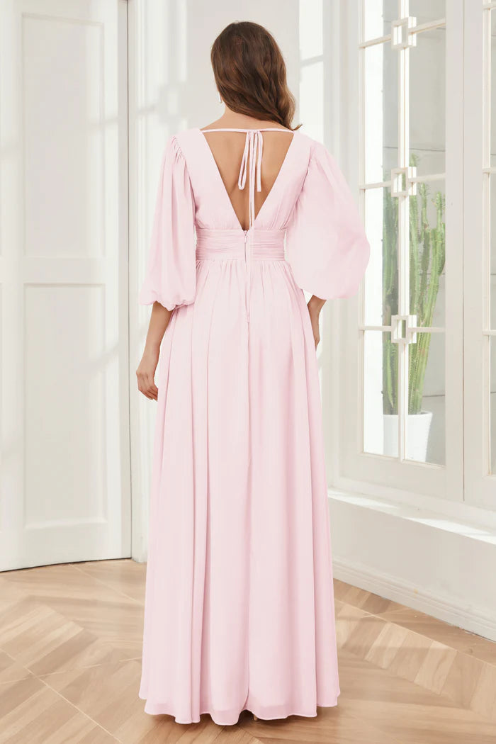Romantic A-Line Deep V-Neck Puff-Sleeve Tie-Back Blush Chiffon Floor-Length Bridesmaid Dresses