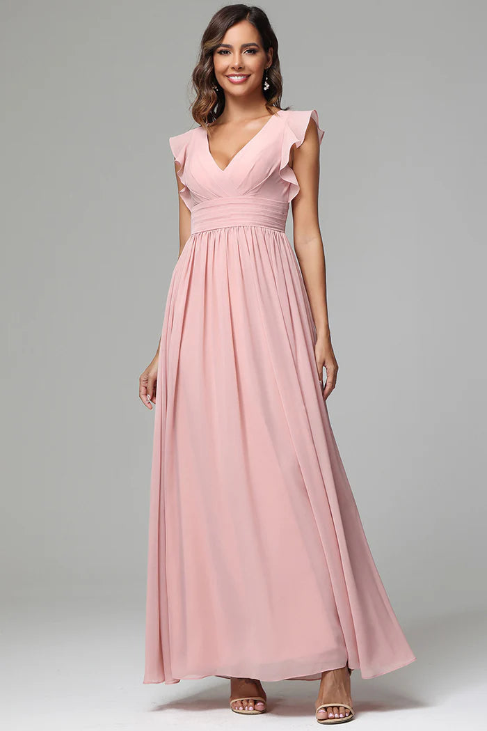 Romantic A-Line Deep V-Neck Ruffled-Sleeve Keyhole-Back Blush Pink Chiffon Floor-Length Bridesmaid Dresses
