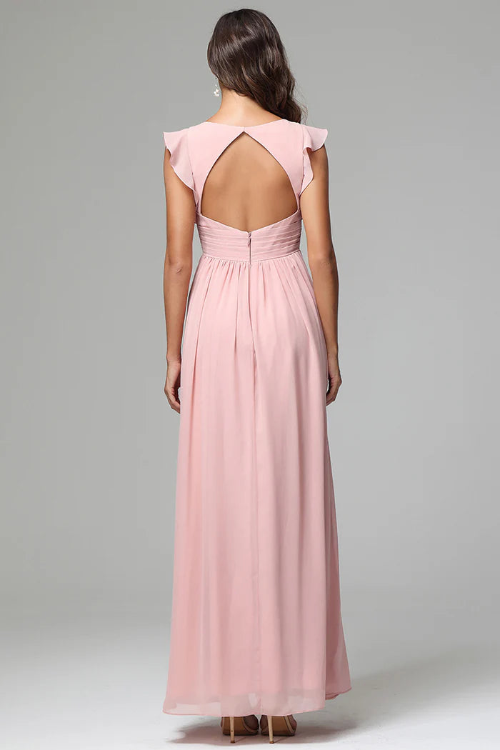 Romantic A-Line Deep V-Neck Ruffled-Sleeve Keyhole-Back Blush Pink Chiffon Floor-Length Bridesmaid Dresses
