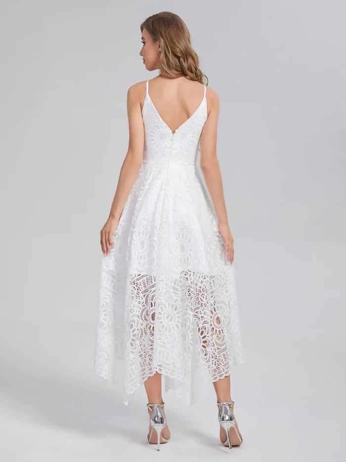Romantic A - Line Deep V - Neck Spaghetti Strap Zipper Back Asymmetric Long Length Prom Dresses