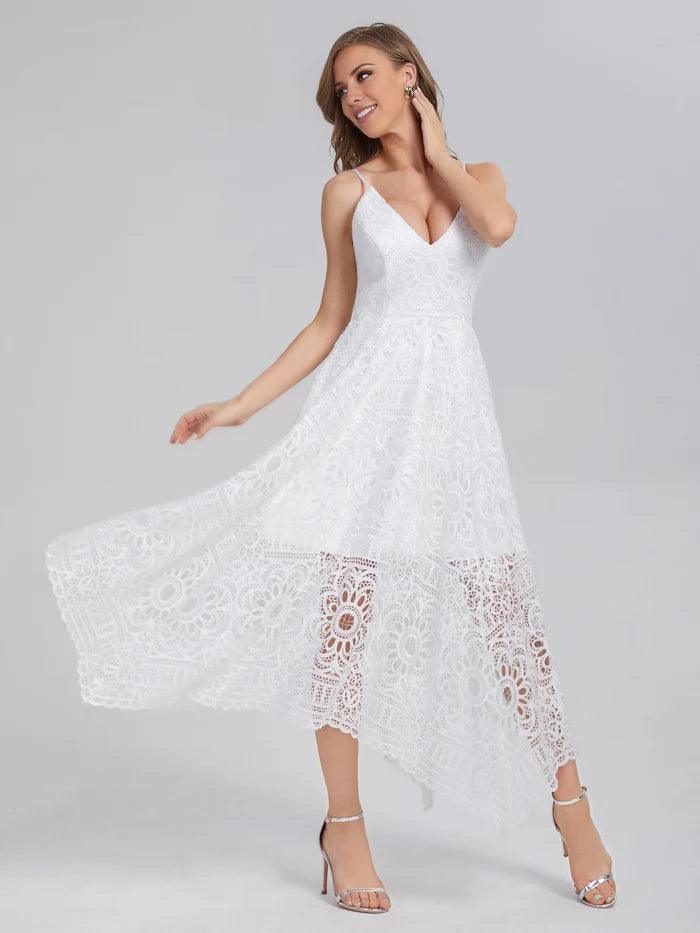 Romantic A - Line Deep V - Neck Spaghetti Strap Zipper Back Asymmetric Long Length Prom Dresses