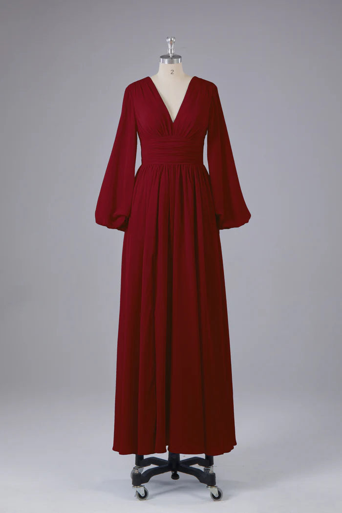Romantic A-Line Deep-V Puff-Sleeve Zipper-Back Chiffon Floor-Length Bridesmaid Dresses