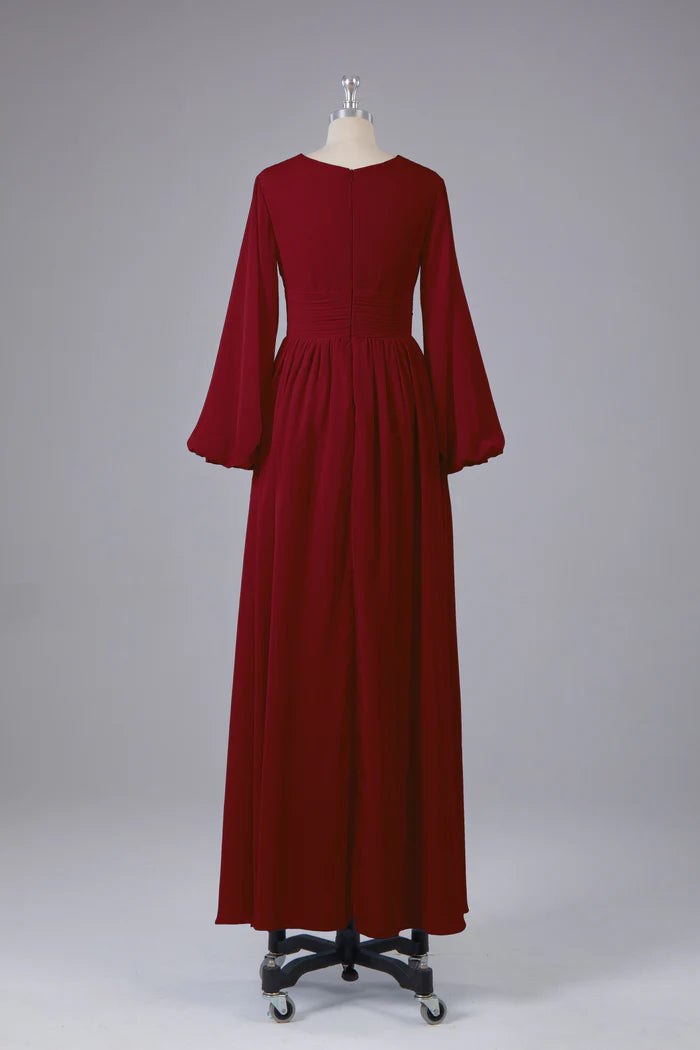 Romantic A-Line Deep-V Puff-Sleeve Zipper-Back Chiffon Floor-Length Bridesmaid Dresses