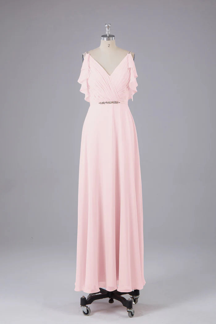 Romantic A-Line Deep-V Ruffle-Sleeve Open-Back Chiffon Floor-Length Bridesmaid Dresses